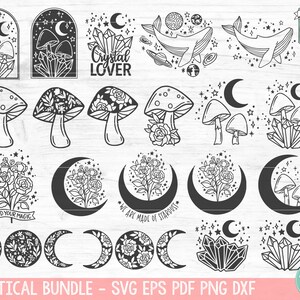 May include: A set of 20 black and white mystical illustrations featuring moons, crystals, mushrooms, flowers, and stars. The illustrations are perfect for crafting, scrapbooking, and digital design projects.