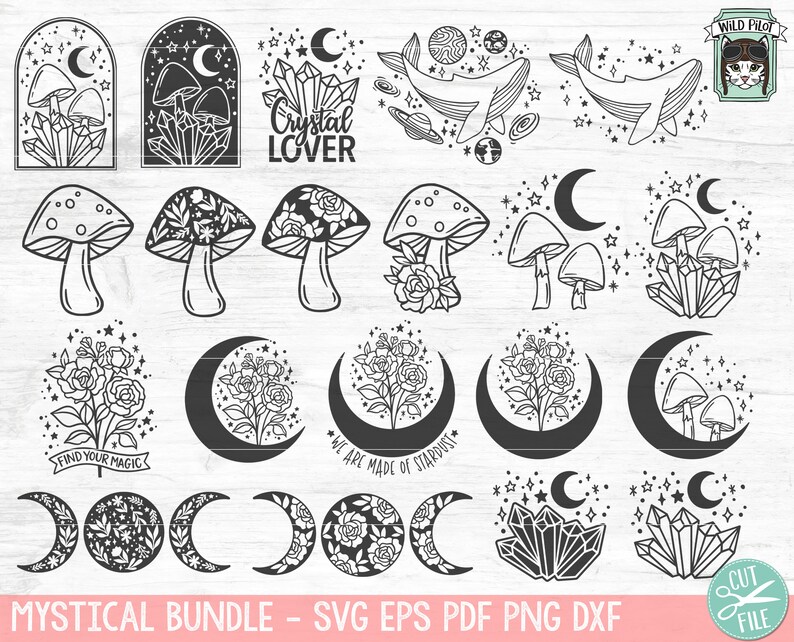 May include: A set of 20 black and white mystical illustrations featuring moons, crystals, mushrooms, flowers, and stars. The illustrations are perfect for crafting, scrapbooking, and digital design projects.