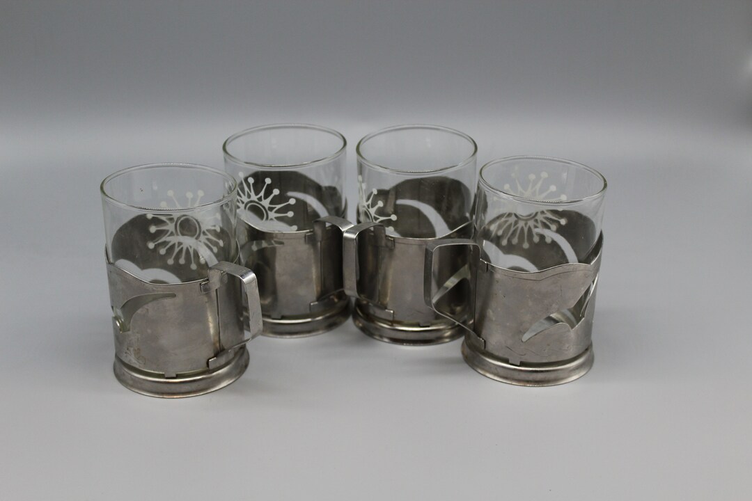 Vintage Metal Cup Holders. Set of Four Holders and Four Glass Cups. Cup
