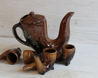 Ceramic set of 5 parts. Beverage serving set. Brown set of cups and jug. Kitchen decor.