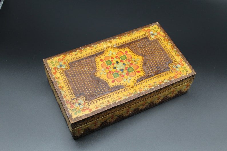 Hand Painted Box Pyrographic Boxwooden Box Vintage Keepsake Box Wooden
