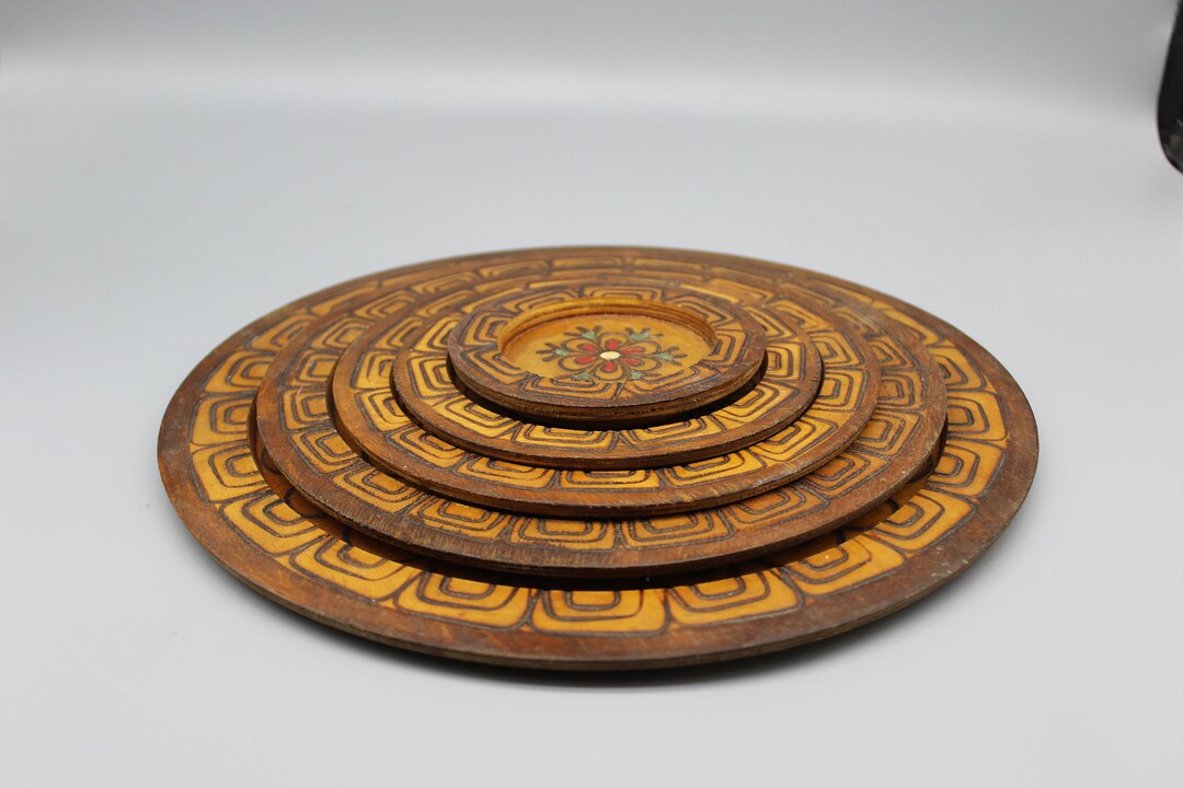 Set of Five Decorative Wooden Plates. Woodcarved Plates. Wall Decor