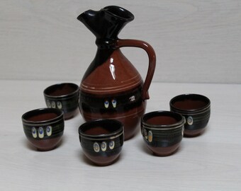 Ceramic set of 6 parts. Beverage serving set. Brown set of cups and jug.Painted ceramics. Kitchen decor.