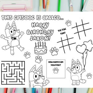 Op de afbeelding: Zwart-wit kleurplaat met een cartoon hond karakter en de tekst "THIS EPISODE IS CALLED... HAPPY BIRTHDAY JAXON!". Bevat een doolhof, tic-tac-toe, pootafdrukken en ballonnen.