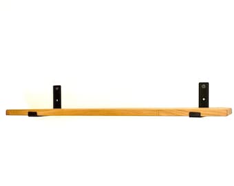 m9 2.8x22cm Solid Oak Hanging Shelf | Handmade Black Iron Bracket | Timber Shelf | Solid Oak Rustic Industrial Shelf