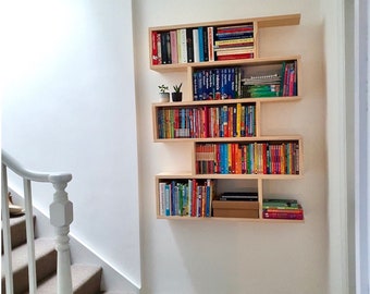 s96b Modernes Bücherregal aus massivem Kiefernholz | Wandbehang funky Regal | Minimalistisch schönes Regal