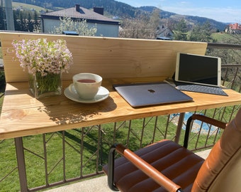 t5 Outdoor Balcony Slim Desk | Timber Desk | Solid Pine Small Desk | Small Balcony Table | Outdoor Desk With Regulated Snags | Balcony Bar |