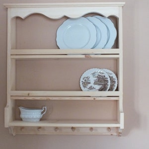 s103 Timber plates exposition shelf | Cottage wall mounted kitchen shelving | Handcrafted plates display cabinet