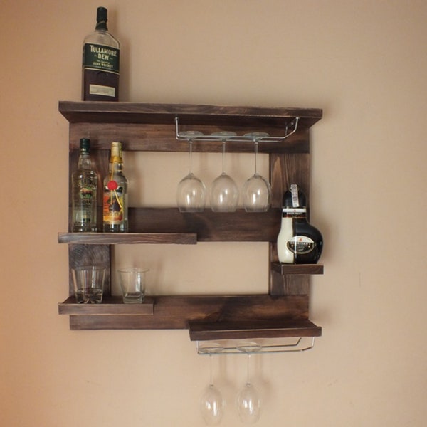 Handmade Pine Bottle and Glass Holder: Unique Wall Shelf
