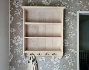 s79 Wall hanging shelving unit with hooks | Solid pine wood shelving unit | Handmade  cabinet with double hooks