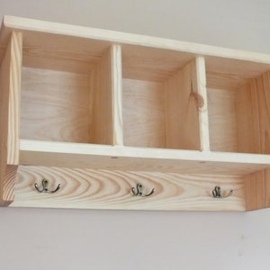 Handmade Pine Wall Shelf with 3 Compartments & Hooks