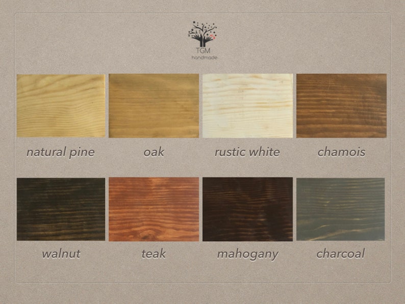 Puede incluir: Una carta de colores que muestra ocho opciones de tinte para madera: pino natural, roble, blanco r&uacute;stico, gamuza, nogal, teca, caoba y carb&oacute;n. El texto "TGM handmade" est&aacute; en la parte superior.