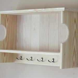Wooden Wall Hanging Cabinet with Hooks - Solid Pine Kitchen Storage