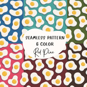 May include: A seamless pattern featuring six different colored backgrounds with white eggs on each. The text "SEAMLESS PATTERN 6 COLOR Red Pine" is in the center of the image.