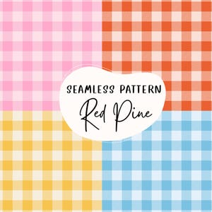 Può includere: Un motivo senza cuciture con quattro quadranti a quadri rosa, arancioni, gialli e blu. Il testo "SEAMLESS PATTERN Red Pine" è in un ovale bianco.