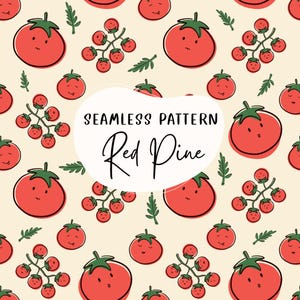 Tomato Seamless Pattern, Vine Ripened Tomatoes Repeat Pattern for Fabric Sublimation, Digital Prints, Red vegetable textile, Cartoon Manga