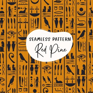 May include: A seamless pattern featuring Egyptian hieroglyphs and symbols in black on an orange background. The pattern includes birds, vases, an eye, and a cross.