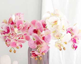 Flores de orquídeas artificiales blancas de 18 pulgadas en maceta blanca,  flores blancas de orquídeas artificiales, flores de orquídea falsas para