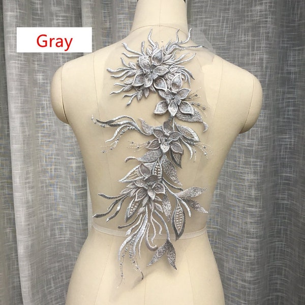 Gray lace applique, heavy bead lace appliquesh, 3D lace applique with rhinestones, 3d floral, 3d flower applique