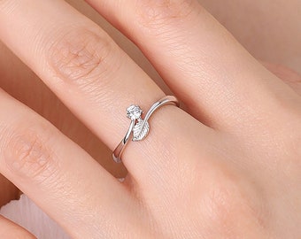 Leaf Midi Pinky Ring, 925 Sterling Silver Dainty Simple Minimalist Elegant Unique Cute Stacking Adjustable Friendship Little Girl Ring Gift