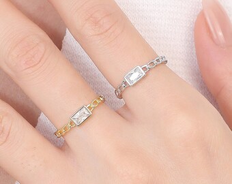 Minimalist Baguette Diamant Ring, Einfache zierliche Minimalist 925 Sterling Silber & Gold Offene Rückseite Größenverstellbare Kettengliedring Geschenk für Sie