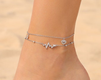 Tiny Heartbeat Anklet, EKG Wavelength Sound Wave Pulse 925 Sterling Silver Dainty Minimalist Cute Summer Jewelry Ankle Bracelet Gift for Her