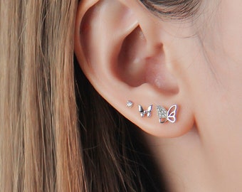 Butterfly Diamond Earring Set, 925 Sterling Silver Tiny Dainty Minimalist Gold & Rose Gold Cartilage Stud for Multiple Piercings Little Girl