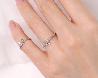 Butterfly Midi Pinky Ring, 925 Sterling Silver Dainty Simple Minimalist Elegant Unique Cute Stacking Adjustable Friendship Sister Ring Gift