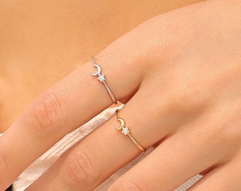 Luna Love Ring, Tiny Moon Star Ring, Sterling Silver & Gold Dainty Minimalist Delicate Cute Stackable Celestial Friendship Ring Gift for Her