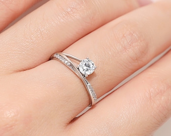 Unique Elegant Diamond Ring, 925 Sterling Silver Minimalist Dainty Open Size Adjustable Engagement Promise Ring Anniversary Gift Girlfriend