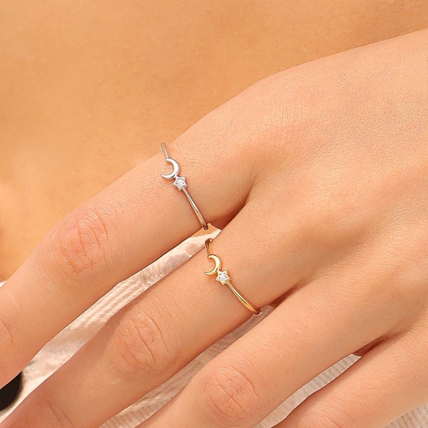 Luna Love Ring, Tiny Moon Star Ring, Sterling Silver & Gold Dainty Minimalist Delicate Cute Stackable Celestial Friendship Ring Gift for Her