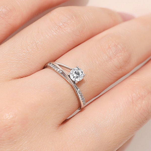 Unique Elegant Diamond Ring, 925 Sterling Silver Minimalist Dainty Open Size Adjustable Engagement Promise Ring Anniversary Gift Girlfriend
