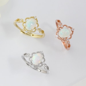 White Fire Opal Princess Ring, 925 Sterling Silver Natural Opal October Birthstone Dainty Minimalist Rose Gold & Gold Size Adjustable Ring image 2