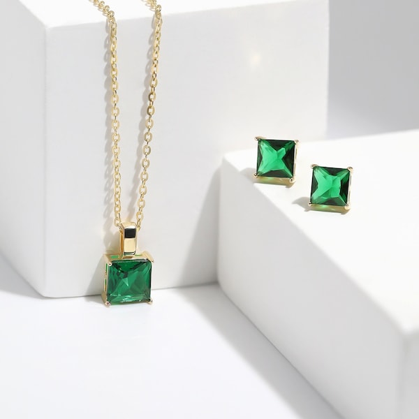 Square Emerald Green Earring Necklace Set, 925 Sterling Silver Tiny Dainty Minimalist Simple Jewelry Set May Birthstone Gift For Girlfriend