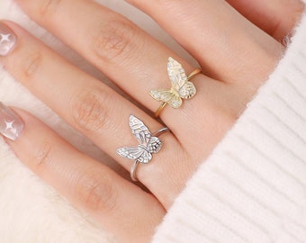 Elegante anillo de mariposa, plata de ley 925 con clase, único y delicado, tamaño minimalista, amistad ajustable, mejor amigo, anillo de oro, regalo para ella