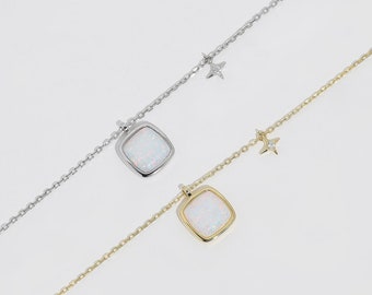 Forever Love Opal Necklace, Square White Fire Opal Star 925 Sterling Silver Dainty Minimalist October Birthstone Stacking Layering Necklace
