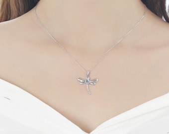 Dragonfly Moonstone Pendant Necklace, 925 Sterling Silver Dainty Dragonfly Charm Choker Necklace Animal Bug Jewelry Gift for Bridesmaid Her
