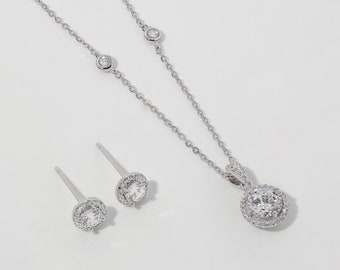 Runde Diamant Ohrringe & Halskette Schmuckset, Einfache Minimalist Zierliche Elegante 925 Sterling Silber und Gold Alltag Anhänger Ohrstecker Geschenkset