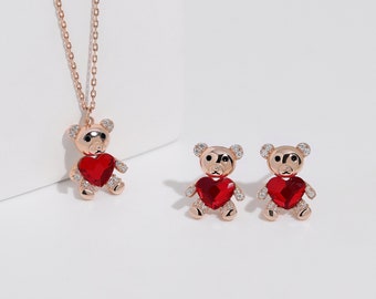 Reizende Teddybär Ohrringe & Halskette Schmuck-Set, Rot Herz Bär Schmuck-Set 925 Sterling Silber Zierlich Einzigartiges nettes Geschenk für ihre Mädchen Teenager