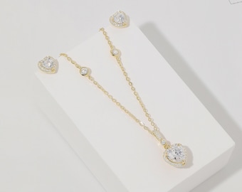 Diamant Herz Ohrringe & Halskette Schmuckset, Einfache Minimalist Dainty Elegant 925 Sterling Silber und Gold Alltag Anhänger Ohrstecker Geschenk Set