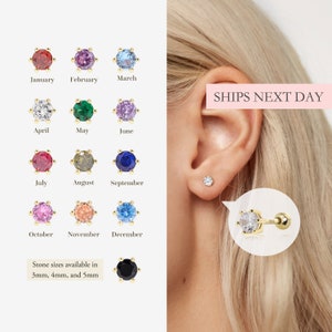 Birthstone Screw Ball Back Earrings • 3mm 4mm 5mm Dainty Studs • Minimalist Personalized Jewelry • Sleep On Ear Stack for Multiple Piercings