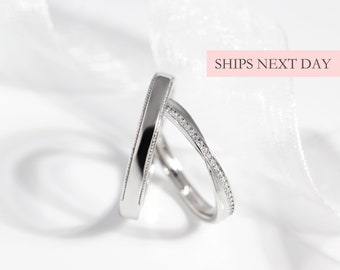 Simple Couple Bands, Minimalist Men and Women Wedding Band, Size Adjustable Rings, 925 Sterling Silver CZ Matching Promise Rings for Her Him