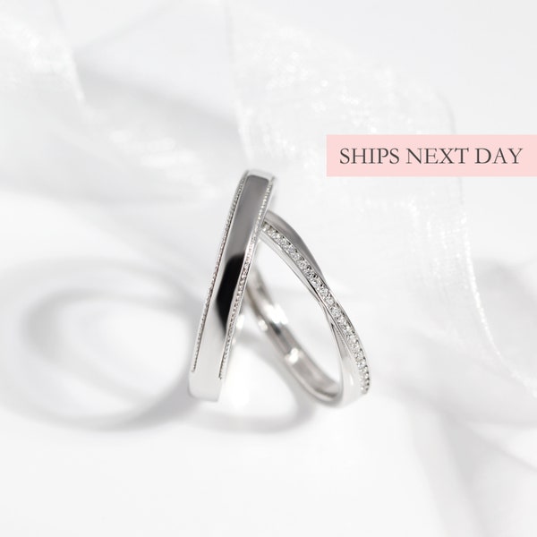 Simple Couple Bands, Minimalist Men and Women Wedding Band, Size Adjustable Rings, 925 Sterling Silver CZ Matching Promise Rings for Her Him