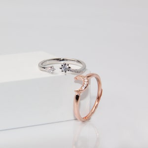 Moon and Star Ring Set, 925 Sterling Silver Size Adjustable Ring Gold & Rose Gold Stackable Rings Celestial Minimalist Dainty Cute Ring Set image 5