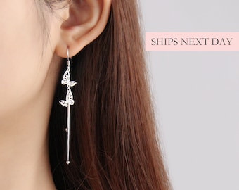 Long Butterfly Dangle and Drop Earrings, S925 Sterling Silver Dainty Minimalistic Long Earrings, Girlfriend Bridesmaid Jewelry Gift for Her