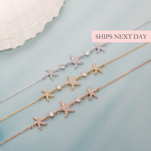 Starfish Bracelet, 925 Sterling Silver Ocean Sea Star Rose Gold & Gold Bracelet Dainty Minimalist Beach Hawaiian Jewelry for Her Bridesmaids