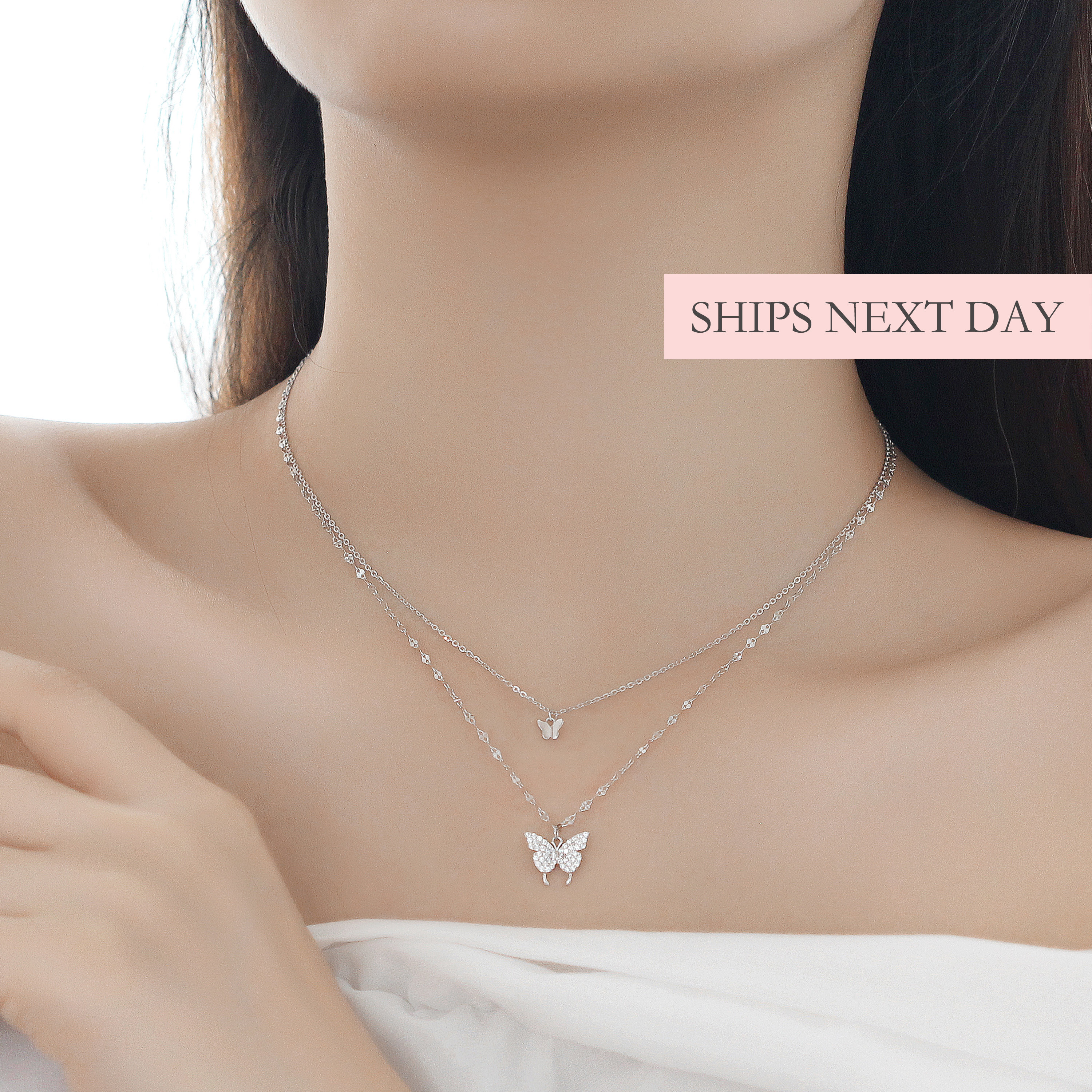 Layered Butterfly Necklace 925 Sterling Silver Butterfly Charm