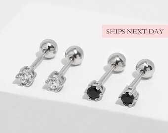 Simple Diamond Screw Back Earrings, 925 Sterling Silver Tiny Dainty Minimalist Simple Clear & Black Stones Safety Back Sleep-On Comfort Stud