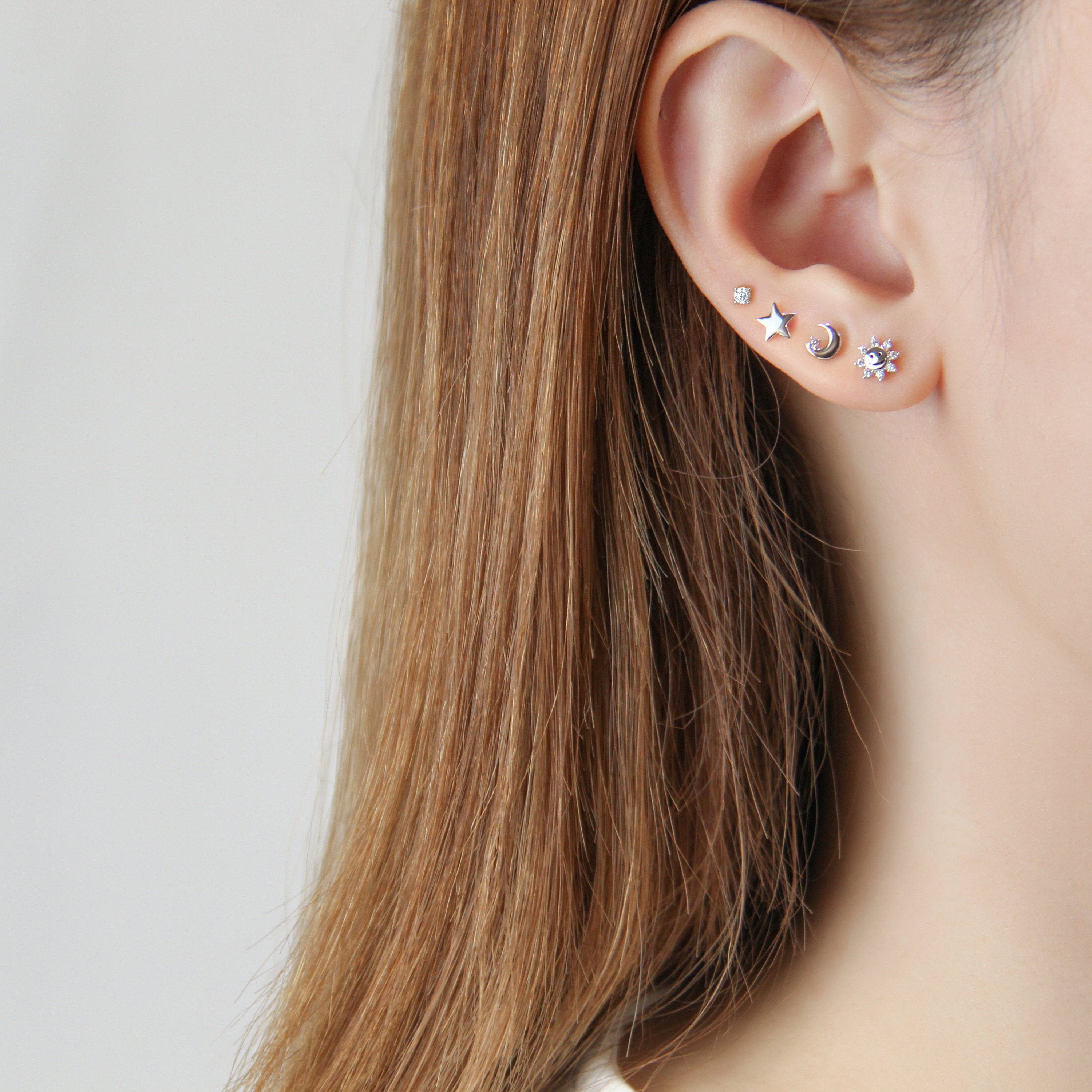 Moon Sun Star Earring Set 925 Sterling Silver Cute Tiny Dainty