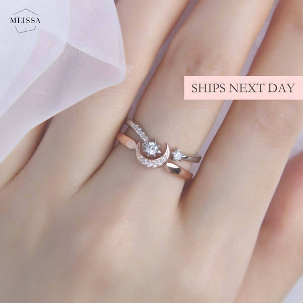 Mond und Stern Ring Set, 925 Sterling Silber Größe verstellbar Ring Gold & Rosegold stapelbar Ringe himmlisch minimalistisch zierlich niedlich Ring Set